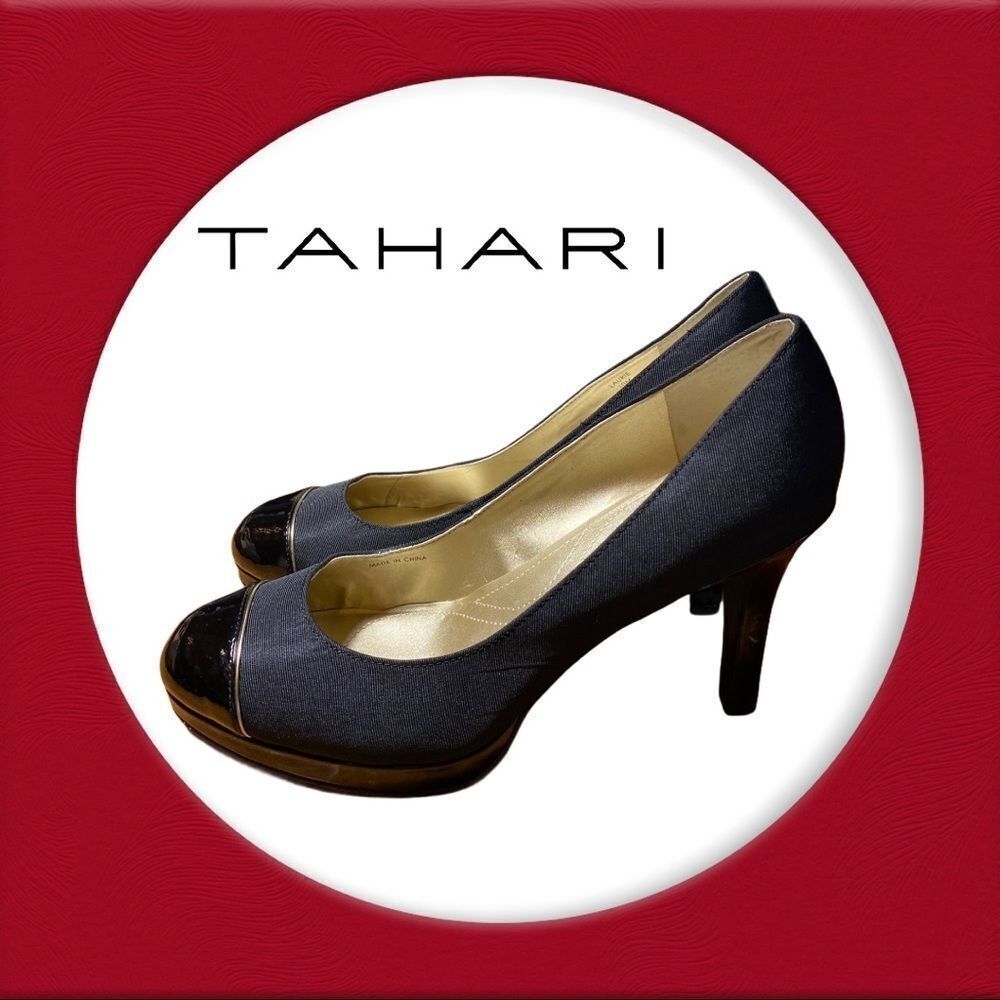 Tahari "Laurie" Grosgrain Black Patent Pumps 10